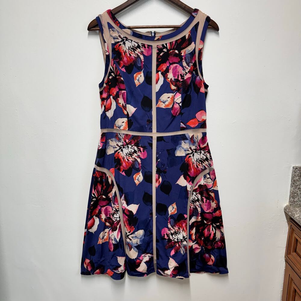 Adrianna Papell Floral Fit & Flare Dress Navy Red Sze 12 Cocktail Colorblock